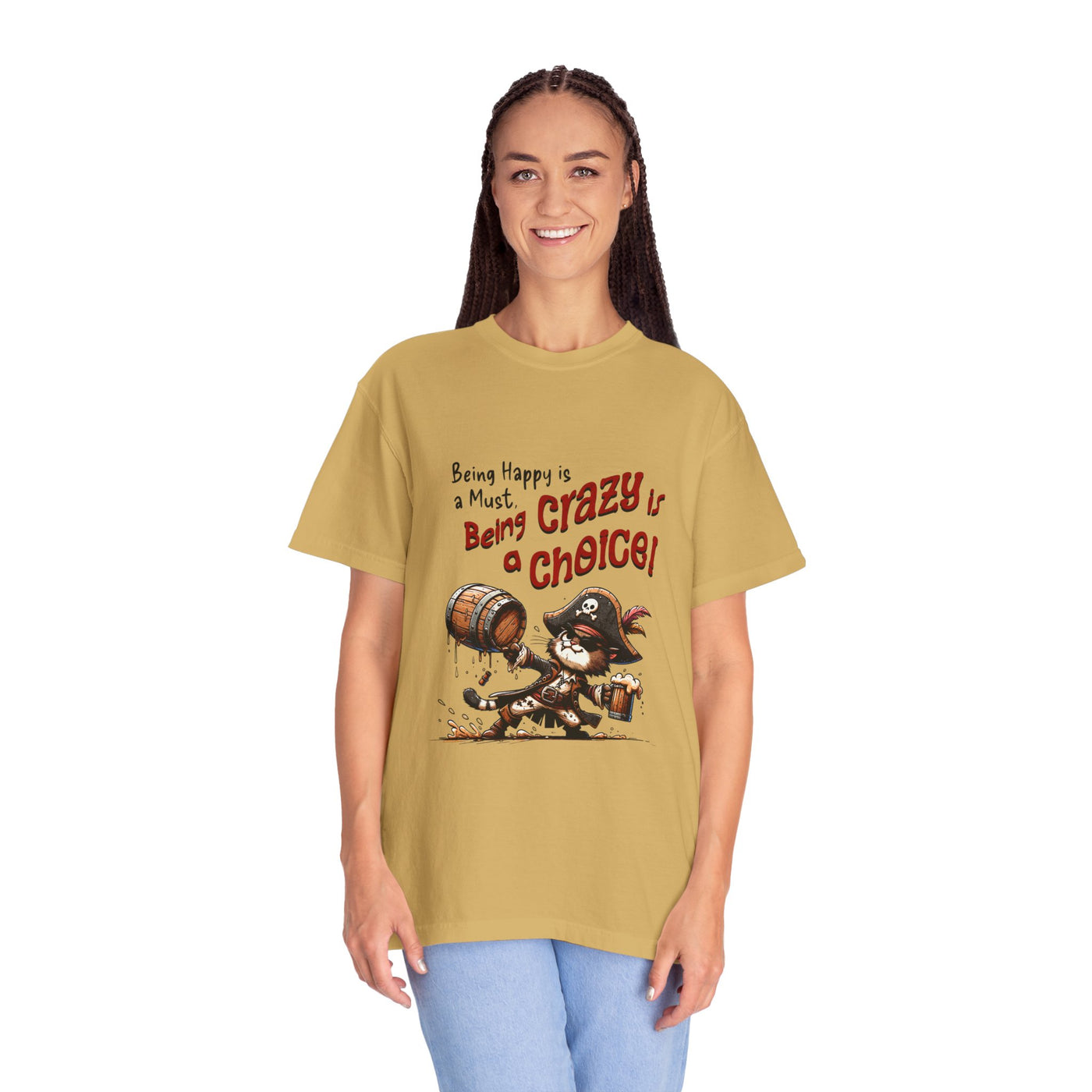 Pirate-Themed Unisex T-Shirt - 'Being Happy is a Must, Being Crazy is a Choice', Fun Gift for Friends, Casual Wear, Retro Style, Beach [...]