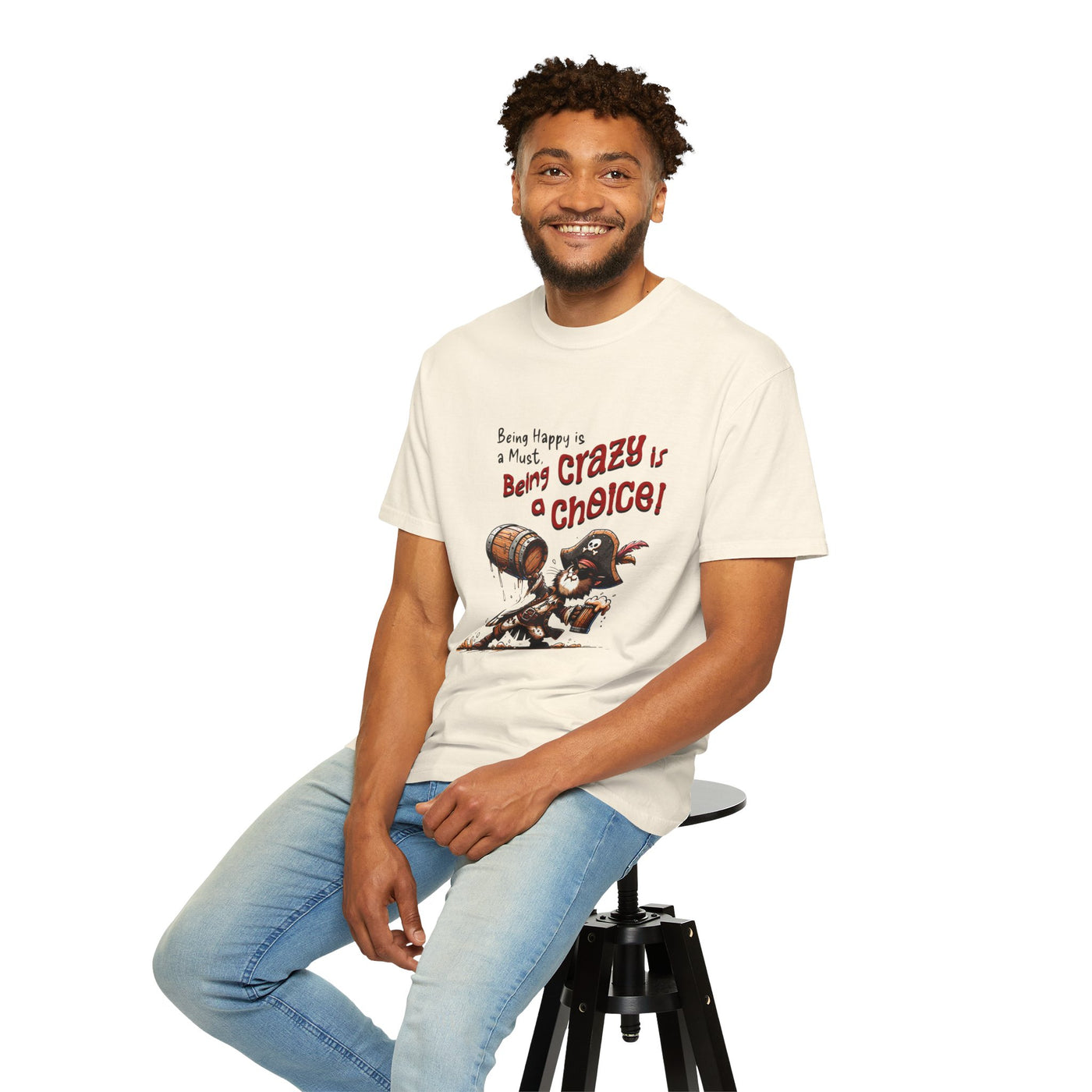 Pirate-Themed Unisex T-Shirt - 'Being Happy is a Must, Being Crazy is a Choice', Fun Gift for Friends, Casual Wear, Retro Style, Beach [...]