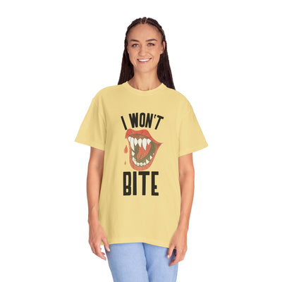 Fun Unisex 'I Won't Bite' T-Shirt for Halloween, Casual Wear, Graphic Tee, Gift for Friends, Statement Shirt